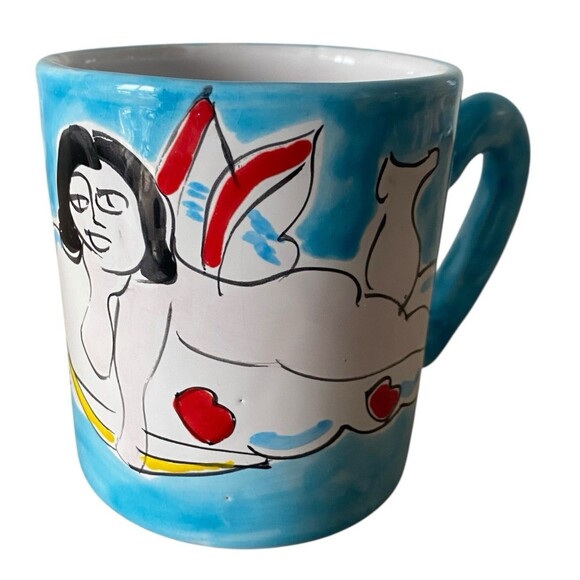 La Musa Italy Cupid Love Mug Hand Painted Ceramic Heart Handle Valentine’s Art - Picture 1 of 7